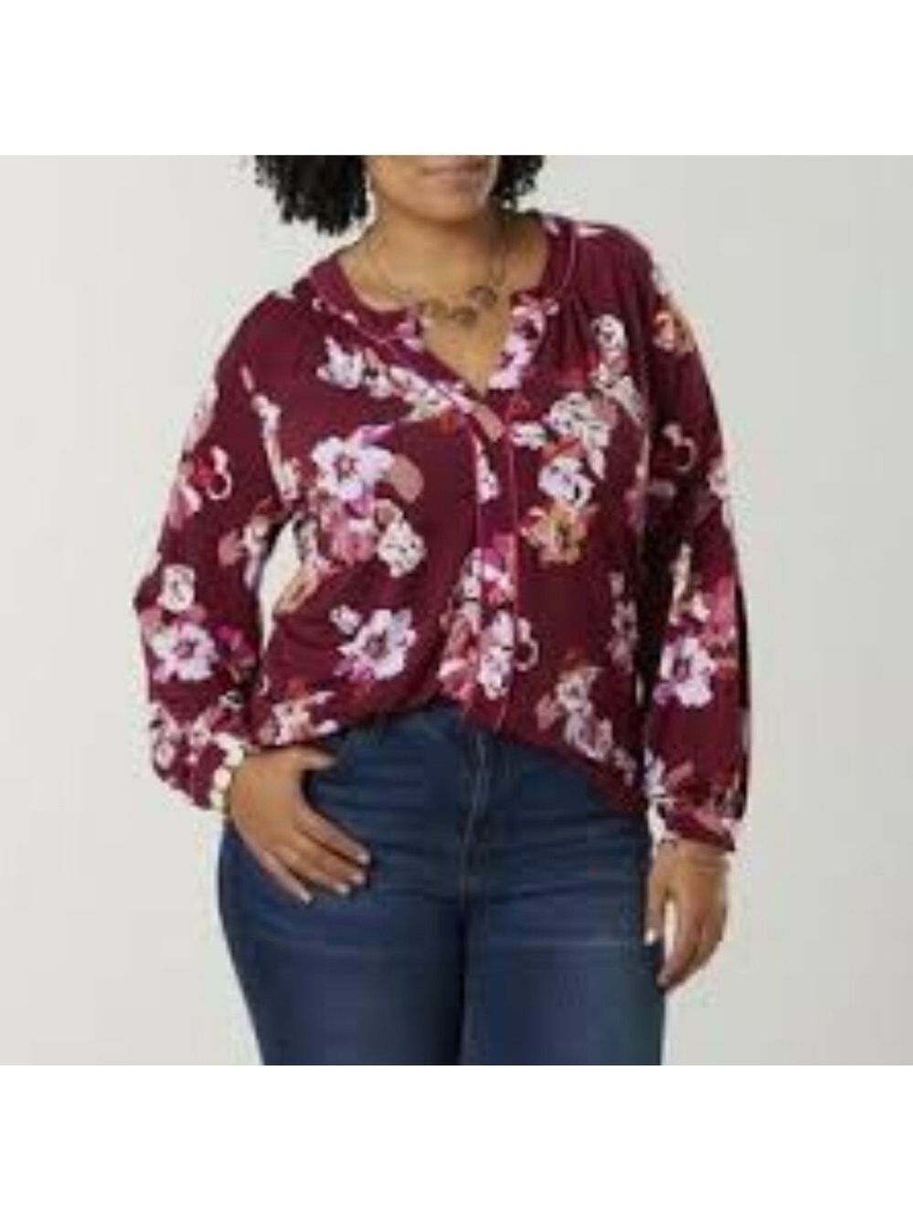 Simply Emma Pink Wine Floral V Neck Blouse Plus 2X
